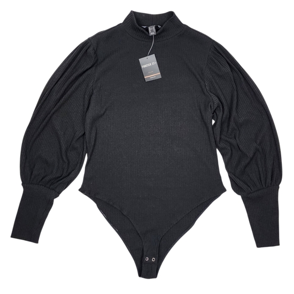 Forever 21 Tops - Forever 21 Plus Bodysuit Ribbed Black Knit Puff Long Sleeve NWT Size 2X